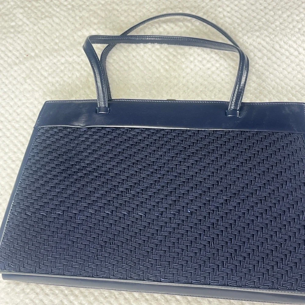 Vintage Mark Cross Handbag w/mirror and coin purse Blue Leather Woven Top Handle